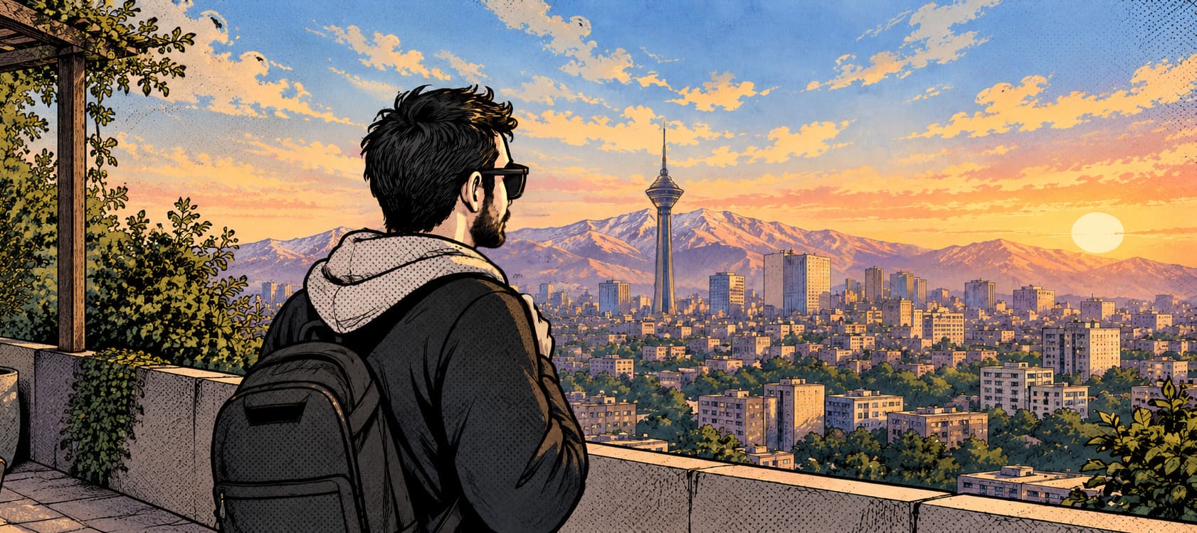 Ali looking over the Tehran skyline at sunset