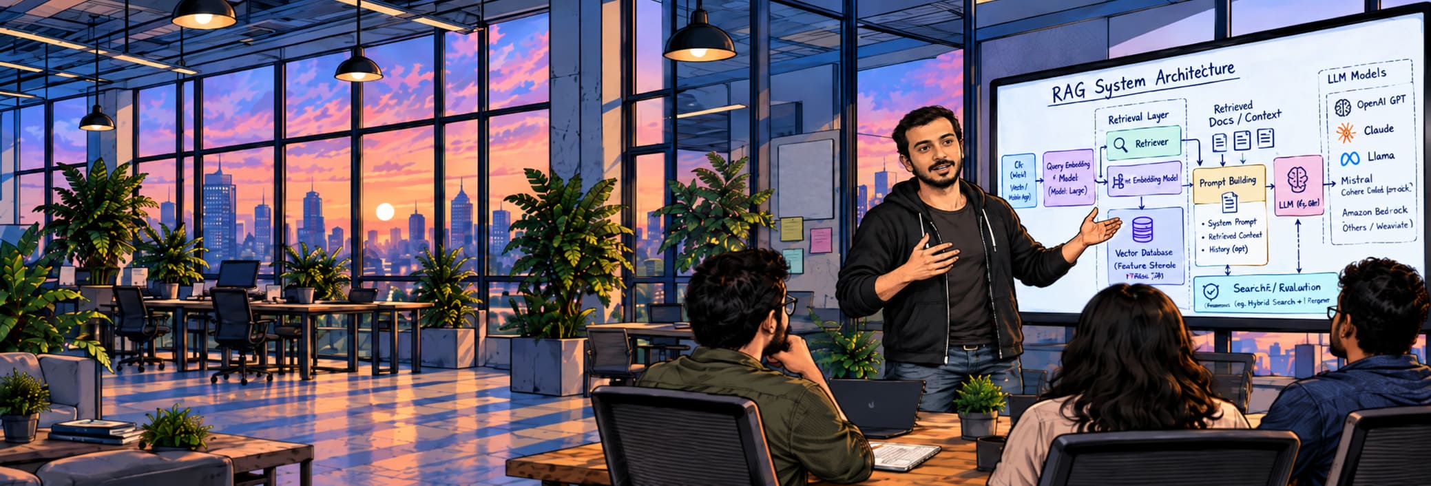 Technical lead presenting an AI system architecture to his team