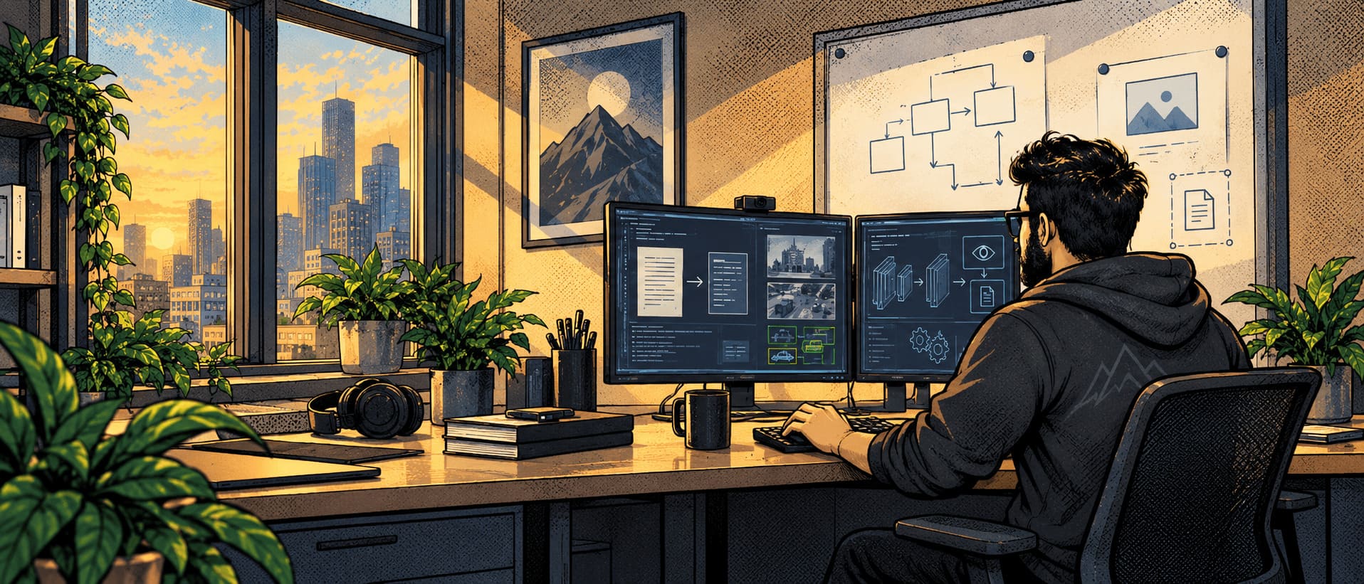 AI engineer developing document recognition systems at a workstation overlooking Tehran
