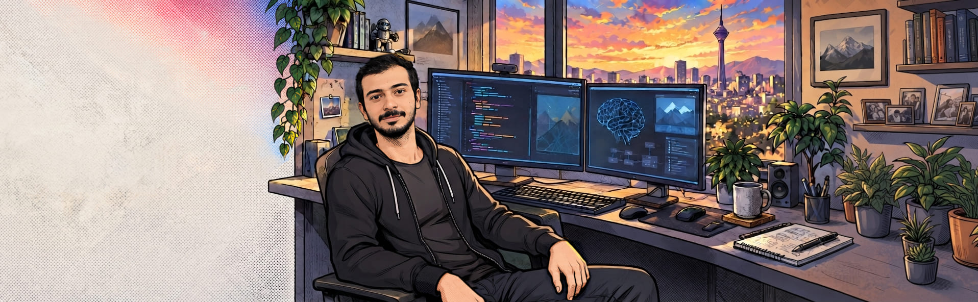 Seyed Ali Hosseini at his AI development workstation overlooking Tehran